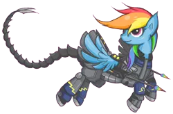 Size: 900x590 | Tagged: safe, artist:whispir, derpibooru import, rainbow dash, pegasus, pony, fallout equestria, fanfic, armor, enclave armor, fanfic art, female, hooves, mare, ministry mares, novasurge rifle, power armor, powered exoskeleton, shadowbolt armor, simple background, solo, transparent background, wings