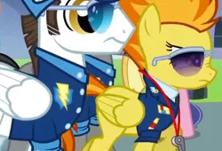 Size: 508x346 | Tagged: safe, derpibooru import, screencap, fast clip, manerick, spitfire, whiplash, pegasus, pony, wonderbolts academy, clothes, cropped, female, male, mare, stallion, sunglasses, uniform, whistle, wonderbolts dress uniform