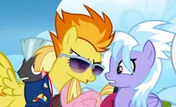 Size: 542x330 | Tagged: cloudchaser, derpibooru import, meadow flower, safe, screencap, spitfire, starry eyes, sunglasses, sunshower raindrops, thunderlane, wonderbolts academy