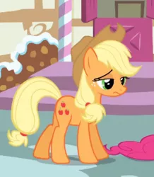 Size: 435x499 | Tagged: safe, derpibooru import, screencap, applejack, earth pony, pony, wonderbolts academy, cropped, downcast, solo focus, unhapplejack