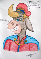 Size: 558x800 | Tagged: artist:megaman007, cranky doodle donkey, donkey, m. bison, parody, richard newman, safe, simple background, street fighter, this is delicious, traditional art, voice actor joke, white background