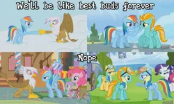 Size: 886x530 | Tagged: safe, derpibooru import, edit, edited screencap, screencap, cloudchaser, gilda, lightning dust, pinkie pie, rainbow dash, rarity, spike, sunshower raindrops, twilight sparkle, dragon, gryphon, pony, griffon the brush off, wonderbolts academy, all new, caption, female, hub logo, image macro, male, text, wing hands