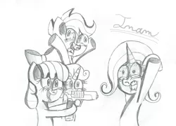 Size: 1173x843 | Tagged: apple bloom, artist:daniel-sg, artist:i-need-a-medic, cutie mark crusaders, derpibooru import, gun, safe, scootaloo, sketch, sweetie belle, trixie