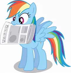 Size: 880x908 | Tagged: artist needed, safe, derpibooru import, rainbow dash, pegasus, pony, female, hooves, mare, mouth hold, newspaper, simple background, solo, spread wings, teeth, vector, white background, wings