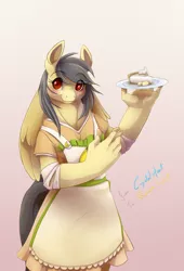 Size: 815x1200 | Tagged: anthro, anthro oc, apron, artist:crystalheart, clothes, derpibooru import, gradient background, oc, oc:banana scent, pie, safe, solo, unofficial characters only