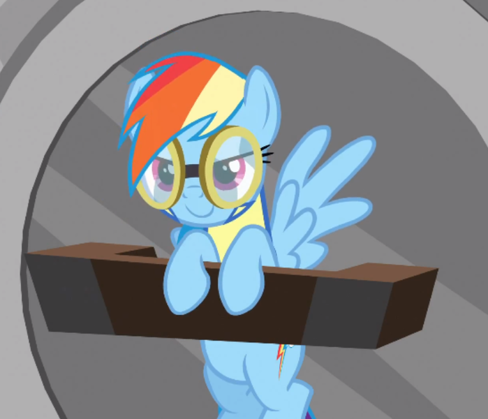 Size: 821x705 | Tagged: safe, derpibooru import, screencap, rainbow dash, pegasus, pony, wonderbolts academy, cropped, dizzitron, goggles, solo, wonderbolt trainee uniform