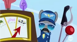 Size: 636x348 | Tagged: safe, derpibooru import, screencap, whiplash, pony, wonderbolts academy, clothes, dizzitron, facial hair, lever, male, moustache, stallion, sunglasses, uniform