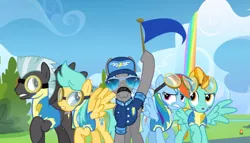 Size: 1239x707 | Tagged: safe, derpibooru import, screencap, lightning dust, rainbow dash, sunshower raindrops, thunderlane, whiplash, pegasus, pony, wonderbolts academy, clothes, facial hair, female, flag, goggles, lead pony badge, male, mare, moustache, musical instrument, rainbow waterfall, stallion, sunglasses, trumpet, uniform, wingpony badge, wonderbolt trainee uniform