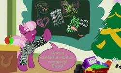 Size: 1086x652 | Tagged: safe, artist:frist44, derpibooru import, cheerilee, derpy hooves, fluttershy, queen chrysalis, rainbow dash, earth pony, pony, apple, chalkboard, cheerilee-s-chalkboard, christmas, christmas tree, clothes, dialogue, doctor who, female, food, gamecube, holiday, homestuck, mare, ponyville schoolhouse, speech bubble, sweater, tree