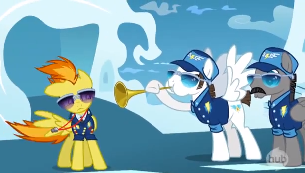 Size: 614x348 | Tagged: safe, derpibooru import, screencap, fast clip, manerick, spitfire, whiplash, pegasus, pony, wonderbolts academy, annoyed, clothes, facial hair, female, flugelhorn, hat, male, mare, moustache, musical instrument, stallion, sunglasses, trio, trumpet, uniform, wonderbolts dress uniform