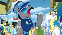 Size: 606x342 | Tagged: safe, derpibooru import, screencap, bulk biceps, cloudchaser, lightning dust, meadow flower, rainbow dash, roid rage, sunshower raindrops, thunderlane, pegasus, pony, wonderbolts academy, clothes, female, goggles, male, mare, musical instrument, stallion, sunglasses, trumpet, uniform, whistle, wonderbolt trainee uniform