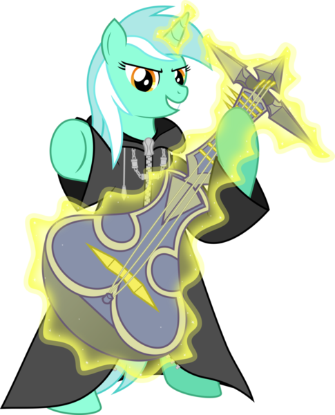 Size: 804x994 | Tagged: safe, artist:jackos92, derpibooru import, lyra heartstrings, pony, unicorn, bipedal, cloak, clothes, crossover, demyx, kingdom hearts, magic, organization xiii, sitar