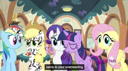 Size: 924x512 | Tagged: applejack, chicken, derpibooru import, fluttershy, mane six, overreaction, rainbow dash, rarity, safe, screencap, train, twilight sparkle, youtube caption