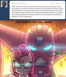 Size: 500x583 | Tagged: artist:uc77, ask, ask hotblooded pinkie, derpibooru import, getter robo, glowing eyes, grin, hotblooded pinkie pie, pinkie pie, safe, smiling, tumblr