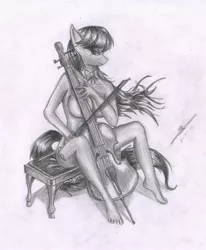 Size: 1910x2318 | Tagged: anthro, artist:metalfoxxx, breasts, busty octavia, cello, derpibooru import, female, monochrome, musical instrument, nudity, octavia melody, plantigrade anthro, simple background, solo, solo female, strategically covered, suggestive, traditional art