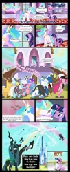Size: 900x2200 | Tagged: safe, artist:mlp-silver-quill, derpibooru import, amethyst star, blue moon (g4), caramel, chocolate sun, cloudchaser, comet tail, discord, fancypants, photo finish, pinkie pie, princess cadance, princess celestia, queen chrysalis, royal ribbon, shining armor, twilight sparkle, alicorn, changeling, changeling queen, crystal pony, earth pony, pony, unicorn, bipedal, blue moon, bug zapper, bugs doing bug things, comic, crystal castle, crystal empire, crystallized, ethereal mane, female, human pose, male, mare, smile song, stallion, unicorn twilight, wreck-it ralph