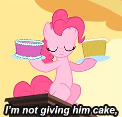 Size: 245x235 | Tagged: safe, derpibooru import, edit, edited screencap, screencap, pinkie pie, earth pony, pony, secret of my excess, animated, assaulting with cake, cake, food, image macro, meme, reaction image, solo