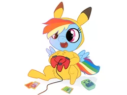 Size: 900x675 | Tagged: artist:zonkpunch, clothes, controller, derpibooru import, footed sleeper, game boy, nintendo 64, pajamas, pikachu, rainbow dash, safe, trading card