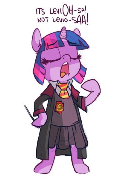 Size: 891x1300 | Tagged: source needed, safe, artist:zonkpunch, derpibooru import, twilight sparkle, pony, semi-anthro, bipedal, clothes, eyes closed, harry potter, hermione granger, hoof hold, open mouth, solo