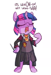 Size: 891x1300 | Tagged: source needed, safe, artist:zonkpunch, derpibooru import, twilight sparkle, pony, semi-anthro, bipedal, clothes, eyes closed, harry potter, hermione granger, hoof hold, open mouth, solo