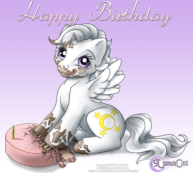 Size: 750x670 | Tagged: safe, artist:flyingpony, derpibooru import, oc, oc:lunarstar, unofficial characters only, alicorn, pony, fanfic, alicorn oc, cake, filly, g1, solo