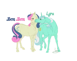 Size: 1083x863 | Tagged: safe, artist:vanycat, derpibooru import, bon bon, lyra heartstrings, sweetie drops, earth pony, pony, unicorn, blushing, female, hoers, lesbian, lyrabon, mare, realistic, realistic horse legs, shipping, simple background, transparent background