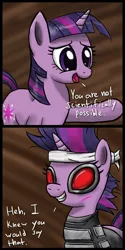 Size: 632x1264 | Tagged: safe, artist:silentbutbeardly, derpibooru import, twilight sparkle, ponified, unicorn, dialogue, female, future twilight, grin, mare, parody, raised hoof, smiling, timesplitters, unicorn twilight