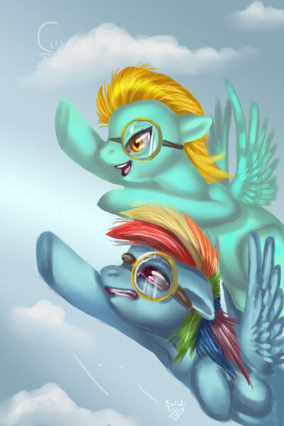 Size: 440x660 | Tagged: safe, derpibooru import, lightning dust, rainbow dash, pegasus, pony, cloud, duo, female, flying, goggles, mare, sky