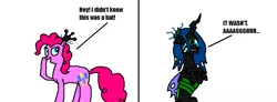 Size: 1212x448 | Tagged: safe, derpibooru import, pinkie pie, queen chrysalis, changeling, changeling queen, earth pony, pony, abuse, chrysabuse, crying, female, frown, gritted teeth, i'm your biggest fanatic, lidded eyes, looking back, mare, ms paint, open mouth, pain, simple background, smiling, spongebob squarepants, tongue out, white background