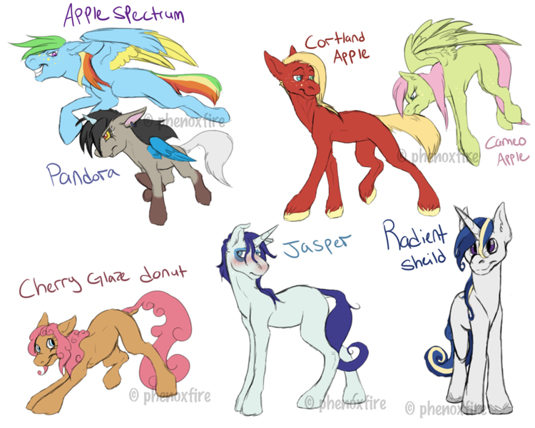 Size: 900x720 | Tagged: artist:phenoxfire, derpibooru import, oc, oc:apple spectrum, oc:cameo apple, oc:cherry glaze donut, oc:cortland apple, oc:jasper, oc:pandora, oc:radient sheild, offspring, parent:big macintosh, parent:braeburn, parent:donut joe, parent:fancypants, parent:fluttershy, parent:pinkie pie, parent:princess cadance, parent:rainbow dash, parent:rarity, parents:braedash, parents:fluttermac, parent:shining armor, parents:pinkiejoe, parents:raripants, parents:shiningcadance, safe, unofficial characters only