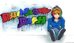 Size: 1700x991 | Tagged: artist:sonicrainboom93, clothes, derpibooru import, goggles, graffiti, hoodie, humanized, rainbow dash, safe