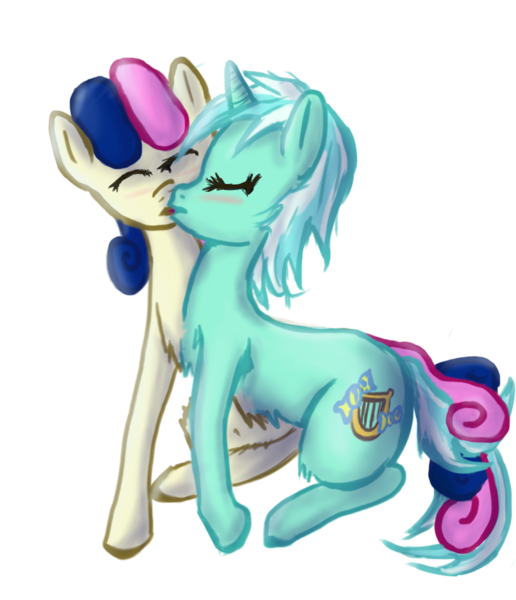 Size: 772x897 | Tagged: safe, artist:captain c., derpibooru import, bon bon, lyra heartstrings, sweetie drops, blushing, conjoined, female, fused, fusion, hilarious in hindsight, kissing, kneeling, lesbian, lyrabon, lyrabon (fusion), multiple heads, pushmi-pullyu, shipping, simple background, stuck together, together forever, transparent background, two heads