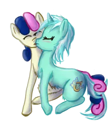 Size: 772x897 | Tagged: safe, artist:captain c., derpibooru import, bon bon, lyra heartstrings, sweetie drops, blushing, conjoined, female, fused, fusion, hilarious in hindsight, kissing, kneeling, lesbian, lyrabon, lyrabon (fusion), multiple heads, pushmi-pullyu, shipping, simple background, stuck together, together forever, transparent background, two heads