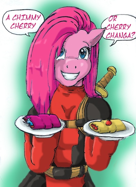 Size: 729x997 | Tagged: artist:mortalshinobi, cherrychanga, chimicherry, chimicherrychanga, deadpool, derpibooru import, pinkamena diane pie, pinkie pie, pinkiepool, safe