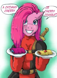 Size: 729x997 | Tagged: artist:mortalshinobi, cherrychanga, chimicherry, chimicherrychanga, deadpool, derpibooru import, pinkamena diane pie, pinkie pie, pinkiepool, safe