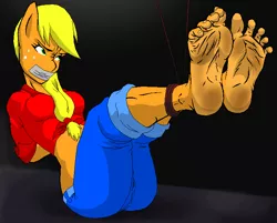 Size: 758x608 | Tagged: anthro, applejack, artist:drknite007, barefoot, bondage, bound, box tied, breasts, busty applejack, clothes, derpibooru import, feet, female, foot fetish, foot focus, front knot midriff, gag, jeans, midriff, plantigrade anthro, soles, solo, solo female, suggestive, tape gag, toes
