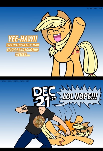 Size: 700x1019 | Tagged: 2012 phenomenon, abuse, apocalypse, apple family reunion, applejack, artist:ladyanidraws, comic, derpibooru import, jackabuse, mayan apocalypse, mayans, punch, safe, song