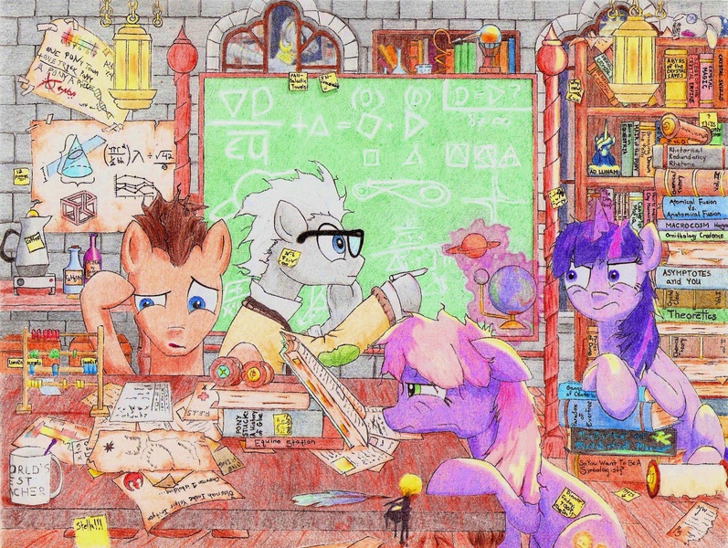 Size: 2183x1643 | Tagged: abacus, artist:philo5, book, chalkboard, cheerilee, coffee, covalent bond, derpibooru import, divide by zero, doctor whooves, equation, math, messy mane, safe, scroll, smarty pants, sticky note, time turner, traditional art, twilight sparkle, zebra, zecora