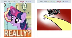 Size: 527x280 | Tagged: safe, derpibooru import, fluttershy, twilight sparkle, exploitable meme, juxtaposition, juxtaposition win, meme, meta, no, why.jpg