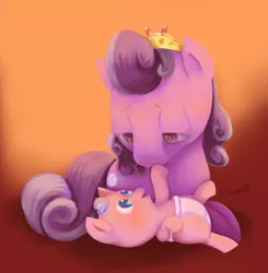 Size: 1100x1122 | Tagged: safe, artist:xiao668, derpibooru import, diamond tiara, screwball, pony, pony pov series, baby, baby pony, calm, cute, diaper, foal, mother, mother and daughter, painting, tiara