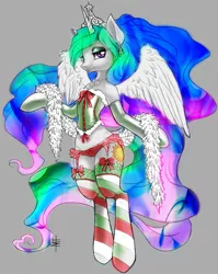 Size: 715x900 | Tagged: alicorn, artist:mental-manipulation, artist:tt-n, clothes, colored, color edit, corset, derpibooru import, edit, feather boa, female, frilly underwear, garter belt, gray background, lace, lingerie, mare, panties, princess celestia, red underwear, ribbon, semi-anthro, sexy, simple background, solo, solo female, stockings, suggestive, underwear