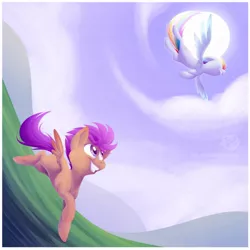 Size: 894x894 | Tagged: artist:kiki-kit, backlighting, derpibooru import, flying, rainbow dash, safe, scootaloo