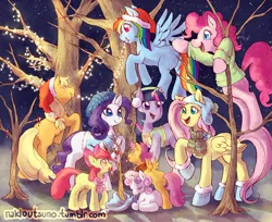 Size: 800x653 | Tagged: apple bloom, applejack, artist:nakioutsuno, blank flank, candy, candy cane, christmas, christmas lights, clothes, cutie mark crusaders, decorating, derpibooru import, earmuffs, fluttershy, food, hat, holiday, mane six, missing cutie mark, pinkie pie, rainbow dash, rarity, safe, santa hat, scarf, scootaloo, sweetie belle, tree, twilight sparkle