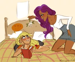 Size: 700x576 | Tagged: dead source, safe, artist:emmy, derpibooru import, applejack, rarity, bed, blushing, book, clothes, dark skin, female, flower, humanized, imminent kissing, lesbian, mistletoe, prone, question mark, rarijack, reading, shipping, skirt, speech bubble, tan lines, tube skirt