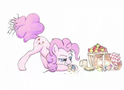 Size: 2156x1562 | Tagged: safe, artist:philo5, derpibooru import, part of a set, pinkie pie, earth pony, pony, apple, basket, crazy grin, cupcake, female, food, hungry, implied thievery, leaning forward, mare, messy mane, muffin, picnic basket, raised eyebrow, sandwich, sin of gluttony, traditional art