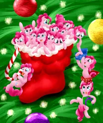 Size: 1250x1500 | Tagged: safe, artist:khorme, derpibooru import, pinkie pie, bauble, candy, candy cane, christmas, christmas ornament, christmas stocking, christmas tree, clone, clones, cute, decoration, food, micro, ornament, pinkie clone, present, tiny, tree