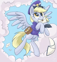 Size: 4200x4500 | Tagged: safe, artist:steffy-beff, derpibooru import, derpy hooves, pegasus, pony, absurd resolution, cloud, cloudy, envelope, female, flying, hat, letter, mail, mailbag, mailmare, mailmare hat, mare, mouth hold, necktie, sky, solo, spread wings, wings
