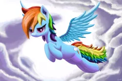 Size: 1500x1000 | Tagged: dead source, safe, artist:denial-is-tragic, derpibooru import, rainbow dash, pegasus, pony, cloud, cloudy, cutie mark, female, flying, sky, solo, spread wings, wings