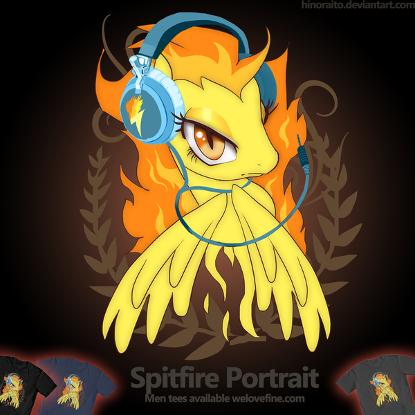 Size: 1299x1299 | Tagged: artist:hinoraito, clothes, derpibooru import, headphones, merchandise, official, safe, spitfire, t-shirt, welovefine