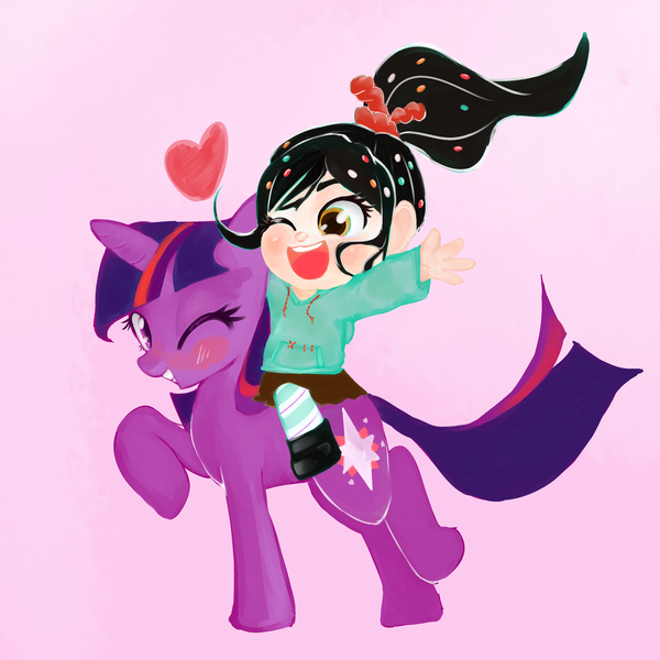 Size: 1280x1280 | Tagged: artist:ponylicking, crossover, derpibooru import, humans riding ponies, riding, safe, sugar rush, twilight sparkle, vanellope von schweetz, wreck-it ralph